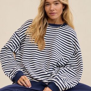 American Eagle Outfitters Navy and White Striped Crewneck Sweatshirt